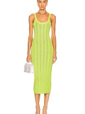 Fleur du Mal Lime Green Ribbed Knit Midi Dress Bodycon Stretch Dress